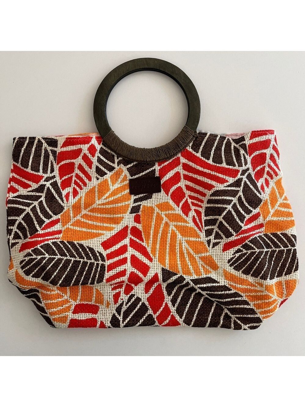 AQUA La Vie En Rose Beach Bag Woven Leaf Design Wooden Handles Cruise Resortwear